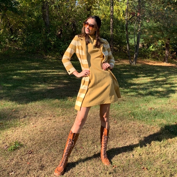 Vintage 60's Mustard Yellow Hippie Mod Mini Dress - Picture 4 of 8